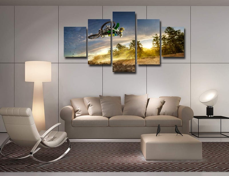 Artbrush Tower Dirt Bike Wall Art Motocross Cool Paintings for Wall DirtBike Artwork Canvas Poster Dining Room Pictures Framed Wall Decor for Living Room Ready to Hang 5 Panel(60''Wx32''H) - Image 4